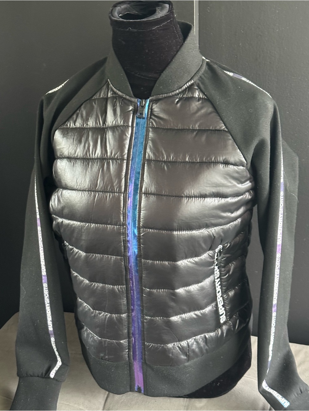 Superdry Women's Black Quilted Puffer Jacket with Iridescent Zip Trim